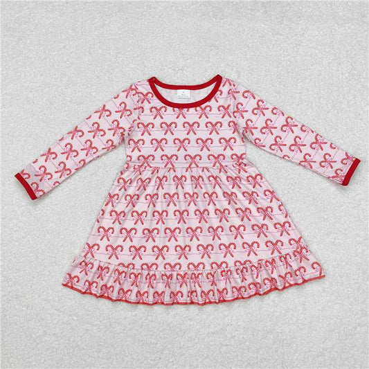 GLD0774 Baby Girls Pink Bows Candy Cane Ruffle Knee Length Dresses