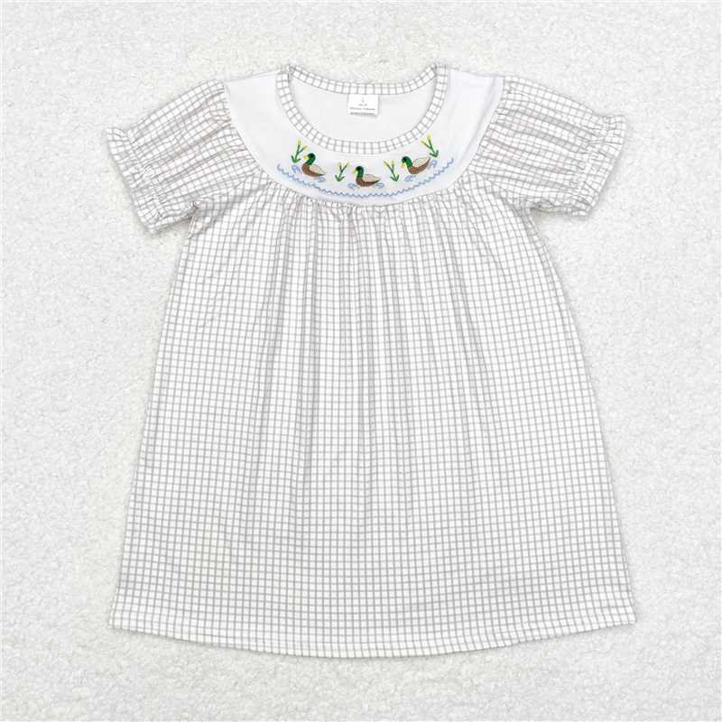 GSD1410 Baby Girls Green Checkered Ducks Short Sleeve Knee Length Dresses