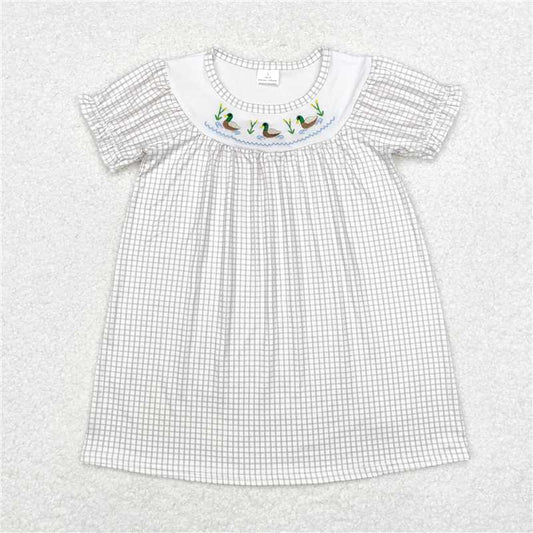 GSD1410 Baby Girls Green Checkered Ducks Short Sleeve Knee Length Dresses