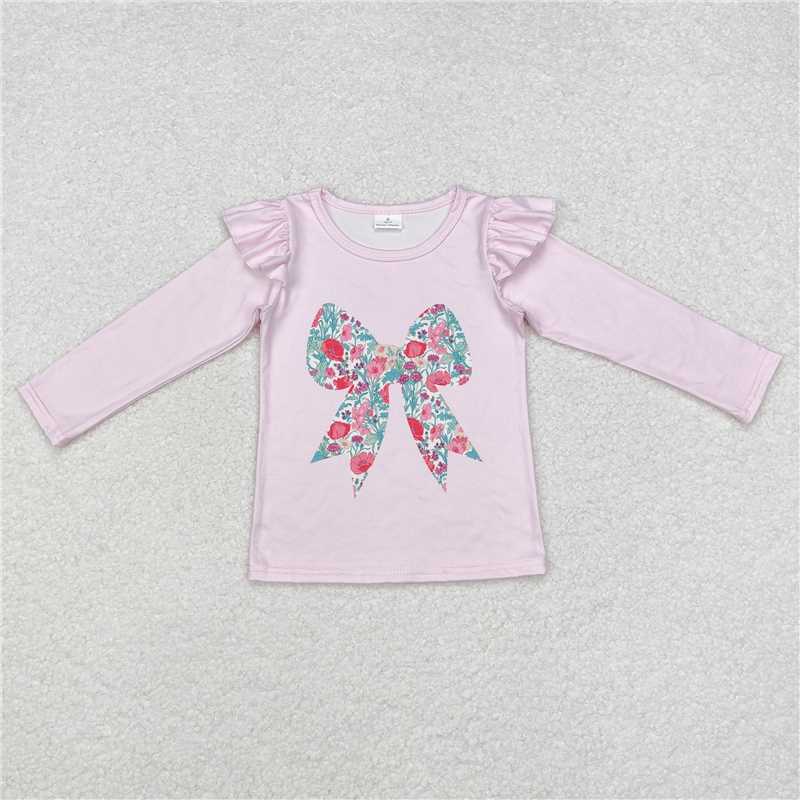 RTS NO MOQ Baby Girls Long Sleeve GT0699 Pink Floral Bow Tee Shirts Tops