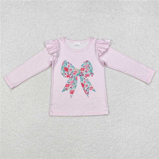 RTS NO MOQ Baby Girls Long Sleeve GT0699 Pink Floral Bow Tee Shirts Tops