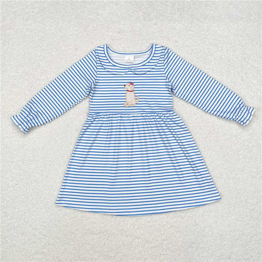 5.15 RTS NO MOQ Baby Girls Long Sleeve GLD0701 Blue Stripes Dog Knee Length Dresses