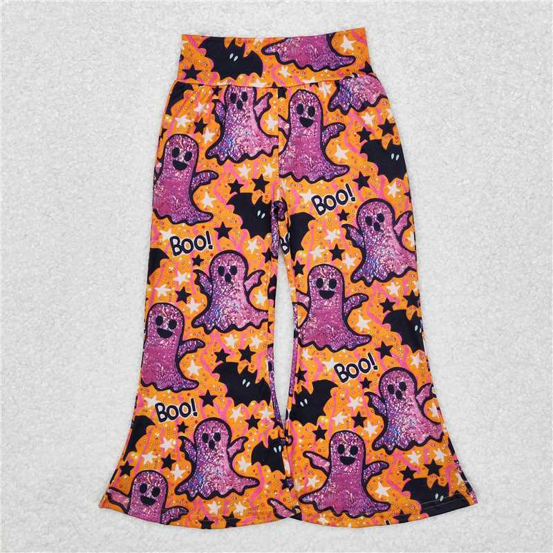 RTS NO MOQ Baby Girls Long Pants P0609 Halloween Purple Ghost Star Bell Bottom Pants