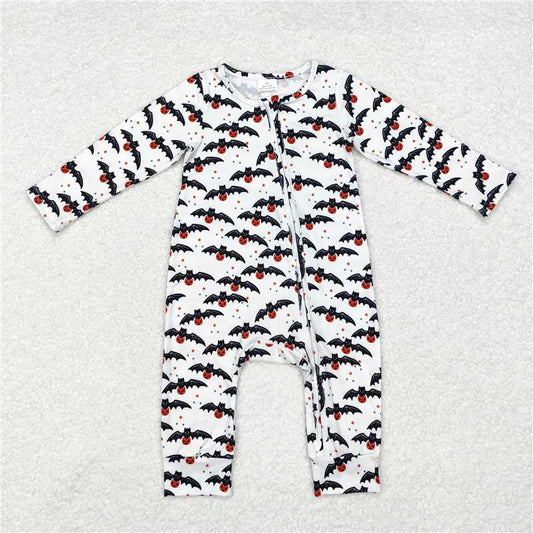 5.14 RTS NO MOQ Baby Boys Bodysuit LR1469 White Pumpkin Bats Halloween Zip Rompers