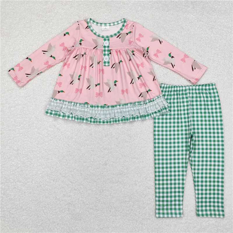 GLP1753 Baby Girls Mallard Ducks Bows Tunic Top Checkered Legging Clothes Sets