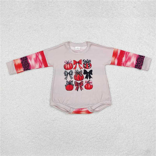 5.14 RTS NO MOQ Baby Girls Bodysuit LR1724 Halloween Pumpkins Leopard Bows Long Sleeve Rompers