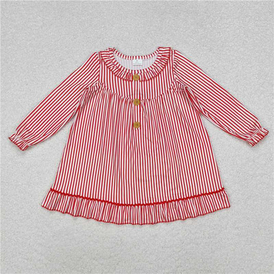 RTS NO MOQ Baby Girls Long Sleeve GLD0933 Christmas Red Stripes Buttons Ruffle Gowns Dresses