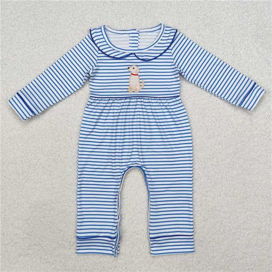 5.13 RTS NO MOQ Baby Boys Bodysuit LR1447 Blue Stripes Dog Long Sleeve Rompers