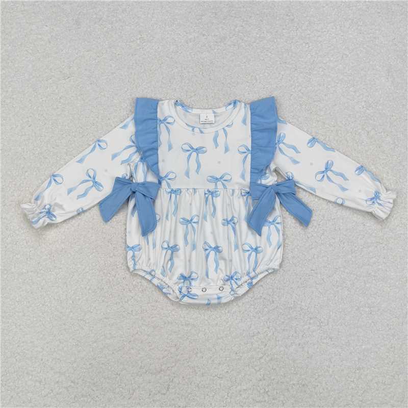 RTS NO MOQ Baby Girls Bodysuit LR2043 Light  Blue Bows Long Sleeve Rompers