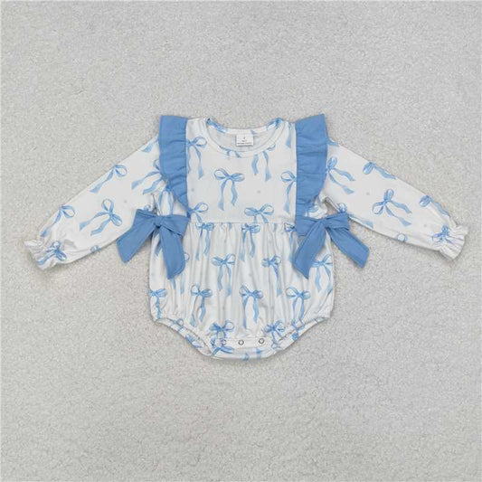 RTS NO MOQ Baby Girls Bodysuit LR2043 Light  Blue Bows Long Sleeve Rompers