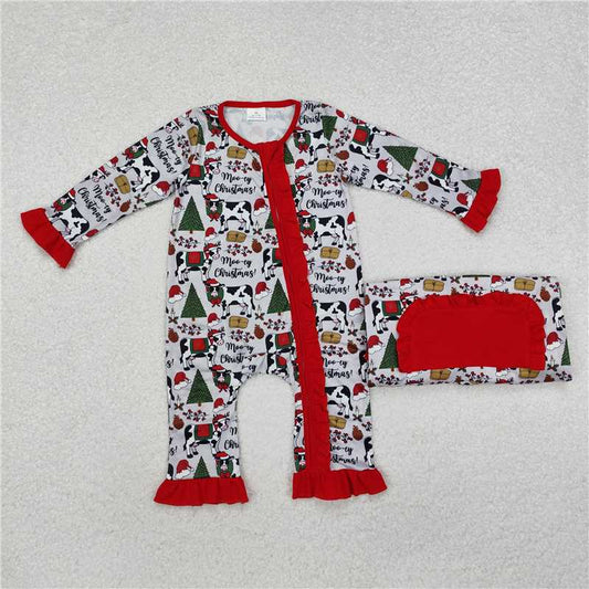 RTS NO MOQ Baby Girls Bodysuit LR1074 Long Sleeve Christmas Tree Cows Zip Rompers
