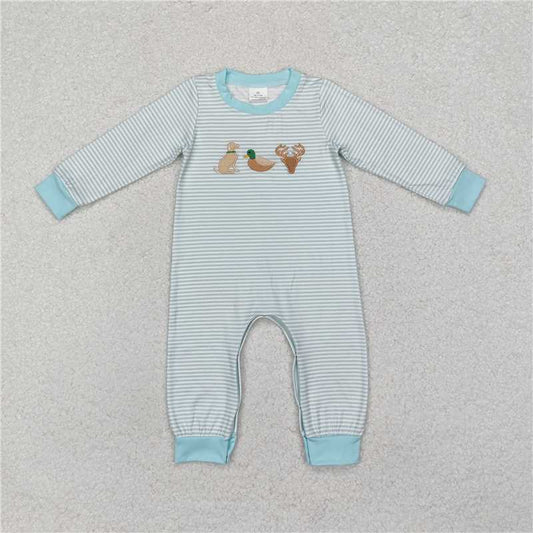5.13 RTS NO MOQ Baby Boys Bodysuit LR1895 Blue Stripes Dog Duck Deer Hunting Rompers