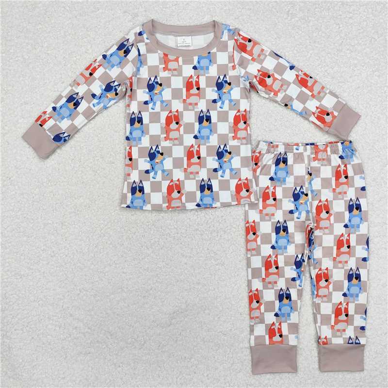 BLP0957 Baby Kids Dog Checkered Shirt Pants Pajamas Clothes Sets