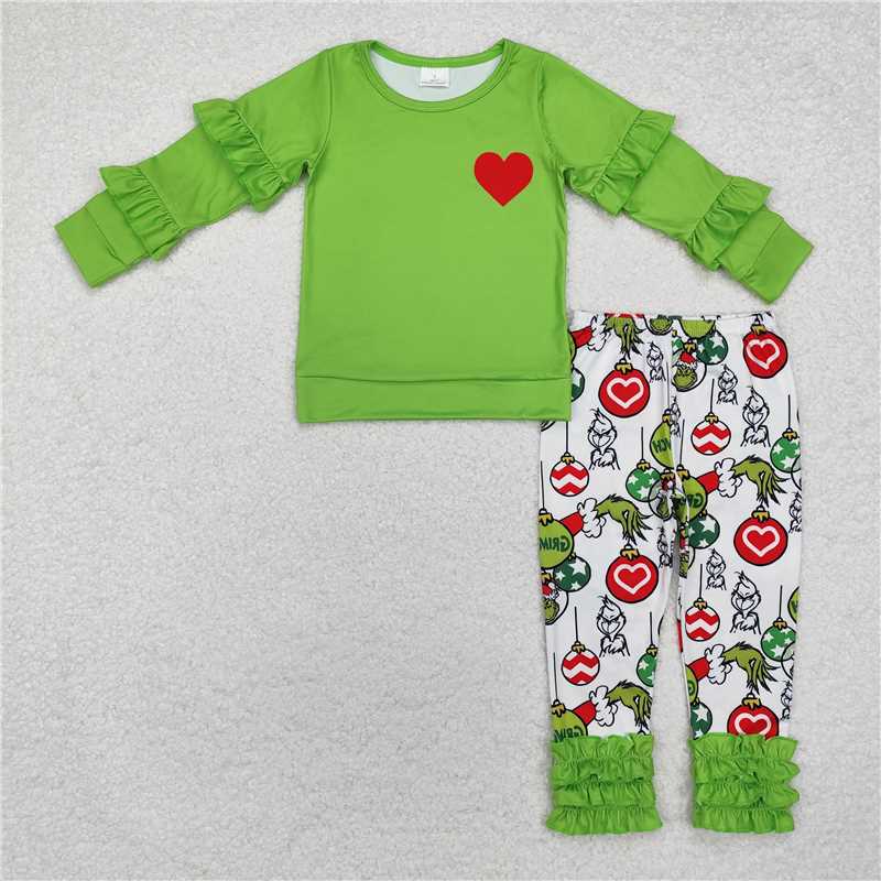 GLP2089 Baby Girls Green Christmas Heart Ruffle Shirt Legging Clothes Sets