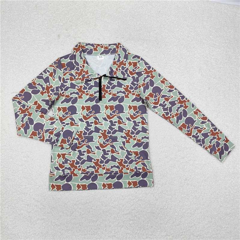 RTS NO MOQ Adult Women Long sleeve GT0833 Green Camo Long Sleeve Tee Shirts Zip Pullovers Tops