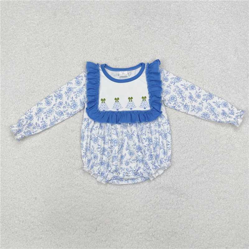 RTS NO MOQ Baby Girls Bodysuit LR1374 Light Blue Flowers Christmas Trees Rompers