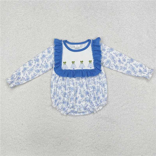 RTS NO MOQ Baby Girls Bodysuit LR1374 Light Blue Flowers Christmas Trees Rompers