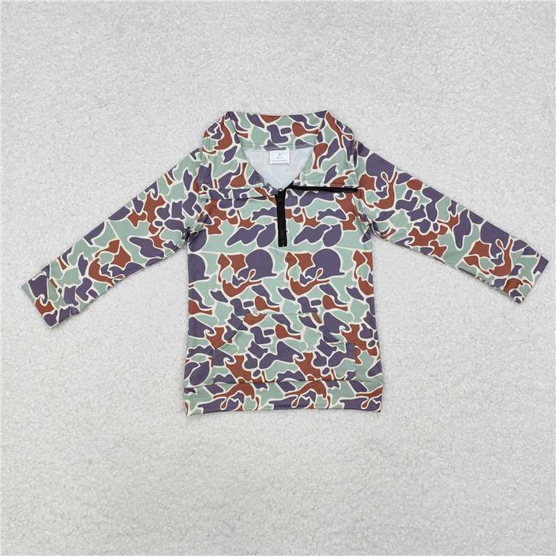 RTS NO MOQ Baby Boys Long Sleeve BT1042 Green Camo Zip Pocket Pullovers Tops