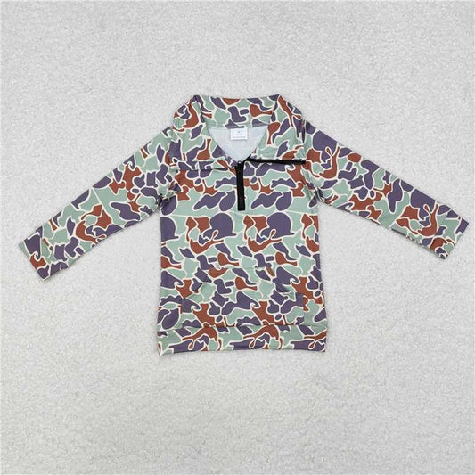 RTS NO MOQ Baby Boys Long Sleeve BT1042 Green Camo Zip Pocket Pullovers Tops