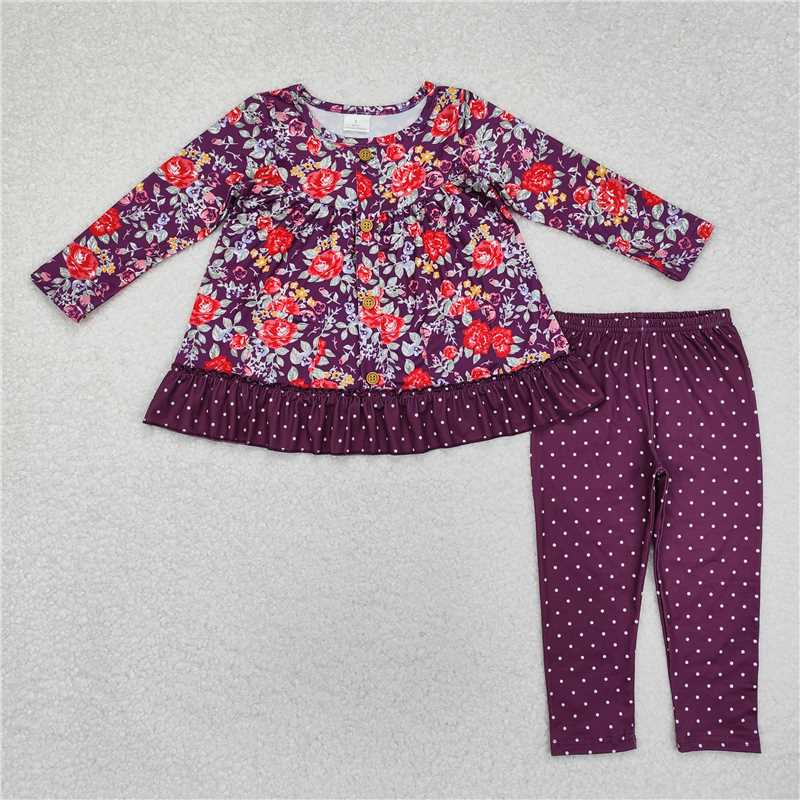 GLP1850 Baby Girls Purple Flowers Pockets Tunic Legging Outfits Sets