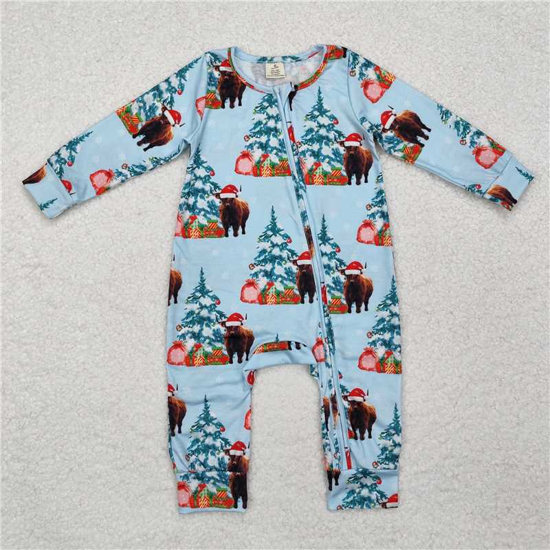 5.15 RTS NO MOQ Baby Boys Bodysuit LR1459 Christmas Western Highland Cow Zip Rompers