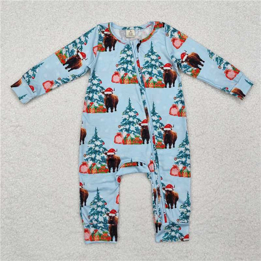 5.15 RTS NO MOQ Baby Boys Bodysuit LR1459 Christmas Western Highland Cow Zip Rompers