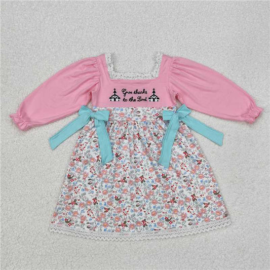 RTS NO MOQ Baby Girls Long Sleeve GLD0967 Thanks Lord Church Wear Knee Length Dresses