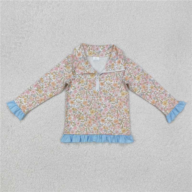 RTS NO MOQ Baby Girls Long sleeve GT0722 Blue Pink Flowers Zip Long Sleeve Pullovers Tops