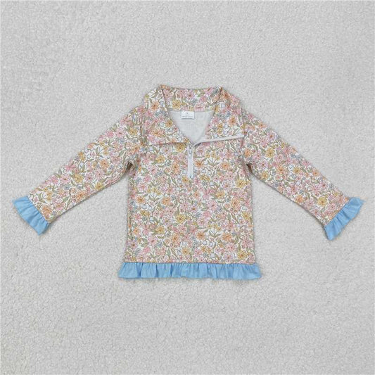 RTS NO MOQ Baby Girls Long sleeve GT0722 Blue Pink Flowers Zip Long Sleeve Pullovers Tops