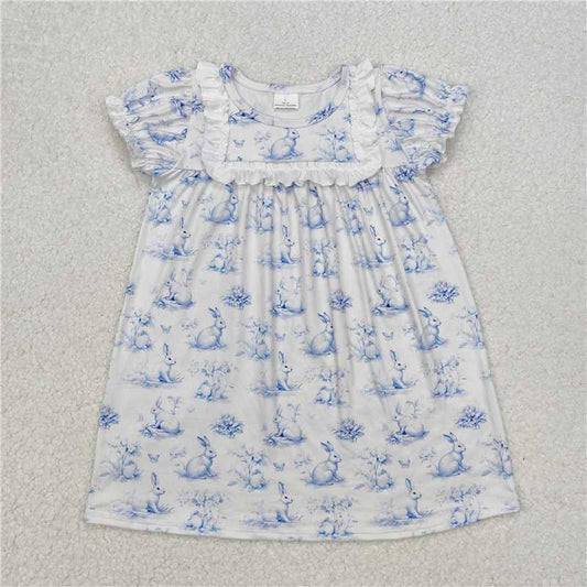 GSD1531 Baby Girls Easter Blue Rabbit Butterfly Knee Length Dresses