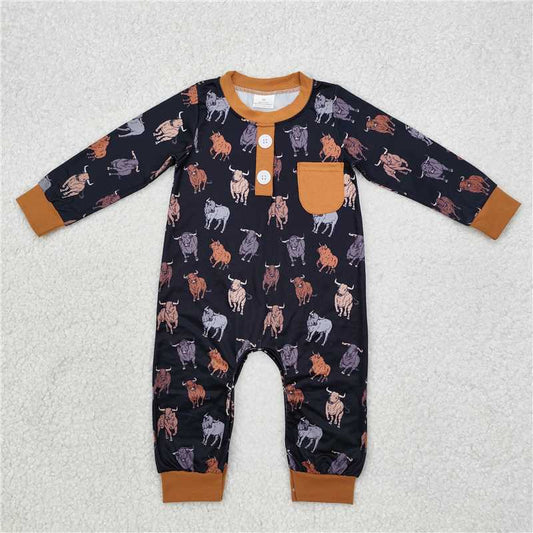 RTS NO MOQ Baby Boys Bodysuit LR1902 Black Cow Western Long Sleeve Rompers