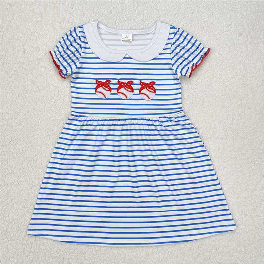 GSD1436 Baby Girls Blue Stripes Baseball Bows Knee Length Dresses