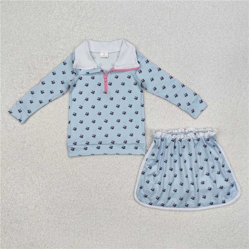 GLD0972 Baby Girls Blue Flowers Zip Top Ruffle Skort Short Clothes Sets