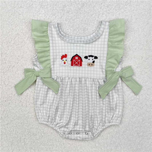 7.11 RTS NO MOQ Summer Baby Girls Bodysuit SR2184 Green Checkered Farm Chicken Cow Bows Rompers