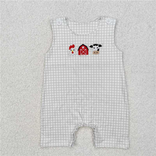 RTS NO MOQ Baby Boys Summer Bodysuit SR2183 Checkered Farm Sleeveless Chicken Cow Rompers
