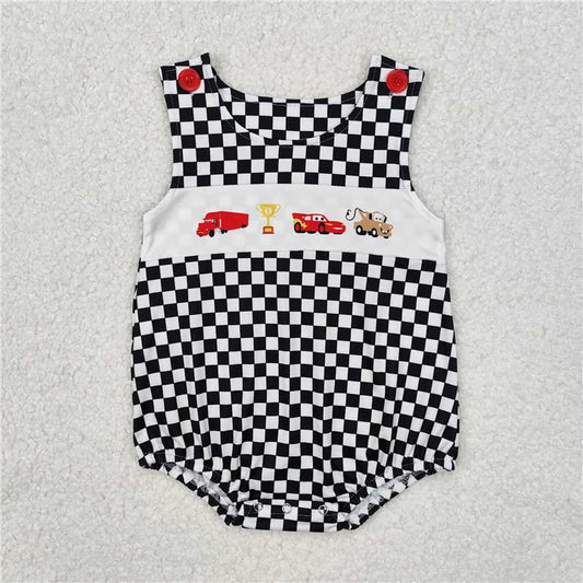 RTS NO MOQ Baby Boys Summer Bodysuit SR2207 Black Plaid Sleeveless Cars Rompers