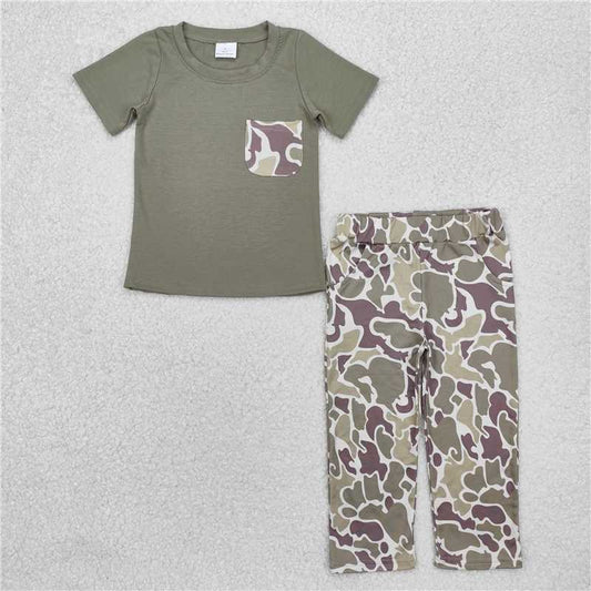 RTS NO MOQ Baby Boys Summer Sets BSPO0521 Green Pocket Top Camouflage Pants Clothing Sets