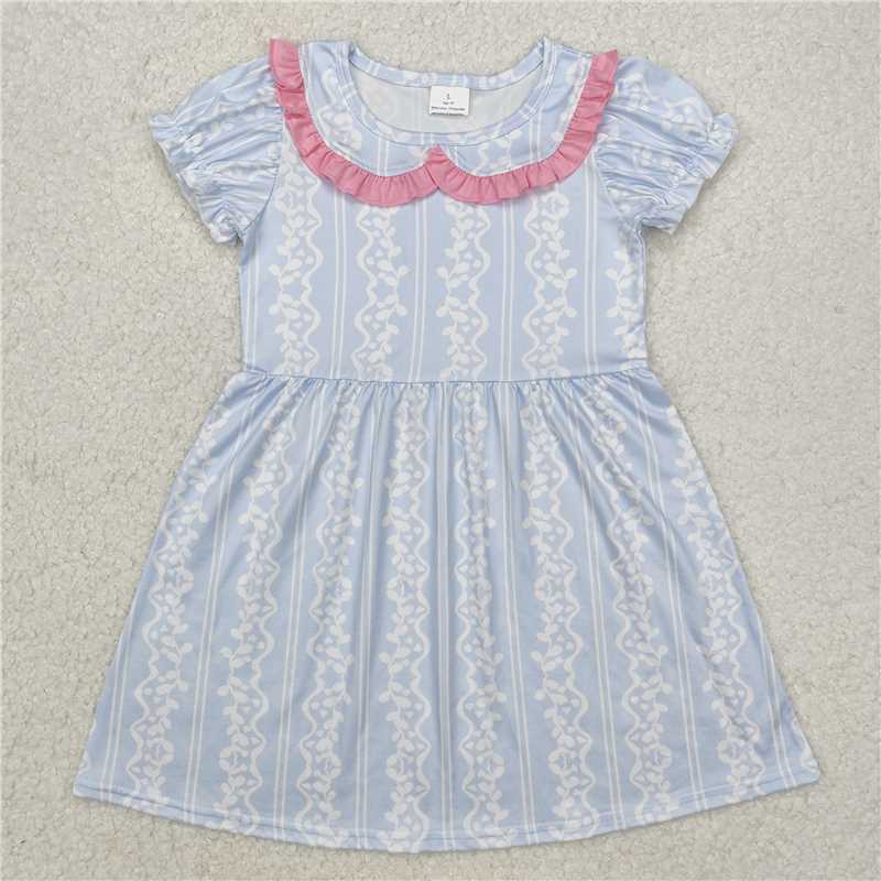 GSD1499 Baby Girls Blue White Ruffle Knee Length Dresses