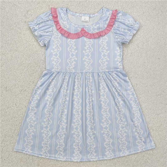 GSD1499 Baby Girls Blue White Ruffle Knee Length Dresses