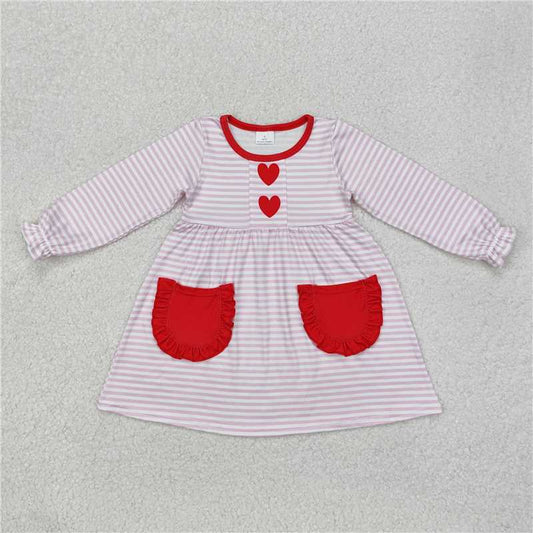RTS NO MOQ Baby Girls Long Sleeve GLD0853 Pink Stripes Heart Pockets Knee Length Dresses