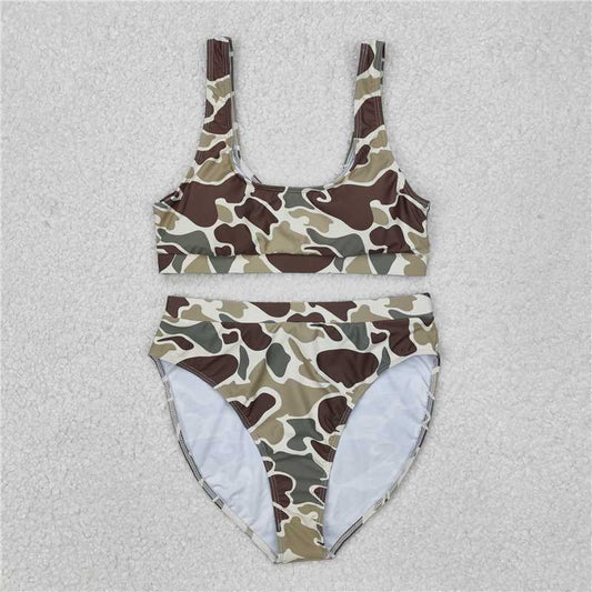 7.4 RTS NO MOQ Adult Women Summer Sets S0476 Green Camouflage Top Bottom Bikini Swimsuits Sets