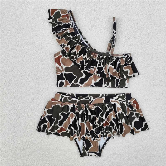 RTS NO MOQ Baby Girls Summer Sets S0481 Two Pieces Duck Brown Camo Ruffle Summer Swimsuits