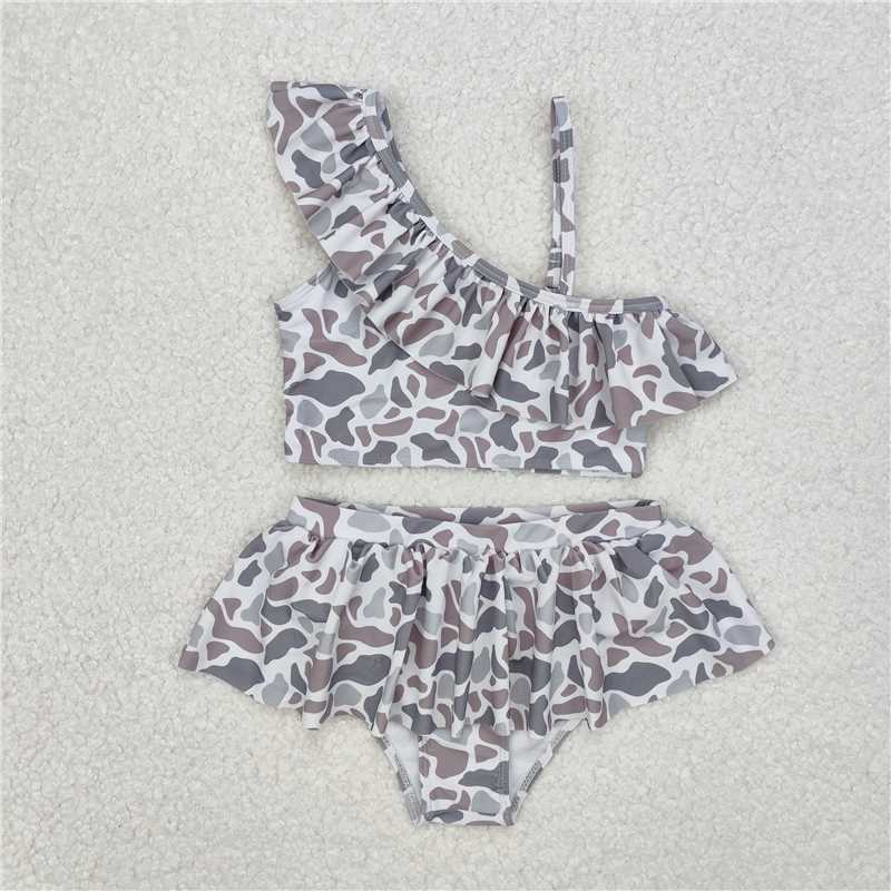 RTS NO MOQ Baby Girls Summer Sets S0457 Grey Camo Ruffle Top two pieces swimsuits