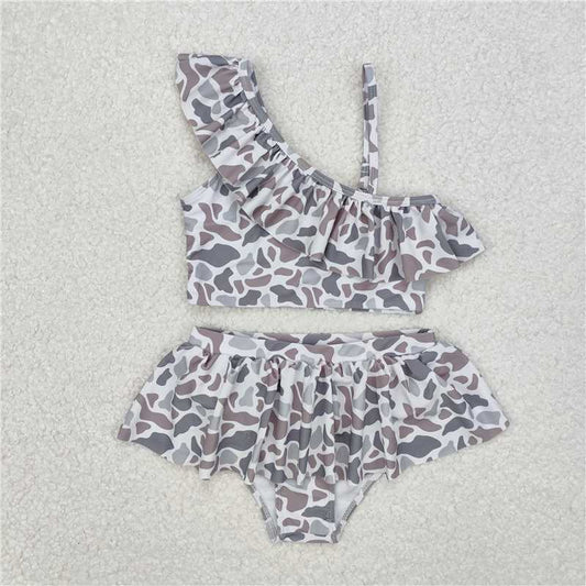 RTS NO MOQ Baby Girls Summer Sets S0457 Grey Camo Ruffle Top two pieces swimsuits