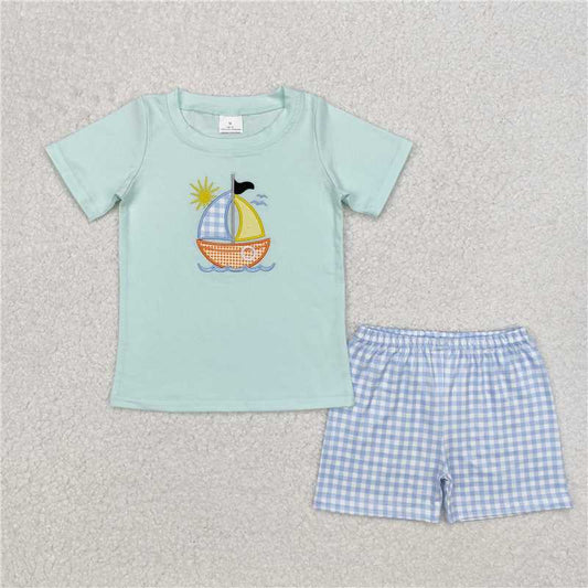 RTS NO MOQ Baby Boys kids Summer Sets BSSO1048 Solar Sail Teal Short Sleeve Blue Plaid Shorts Set