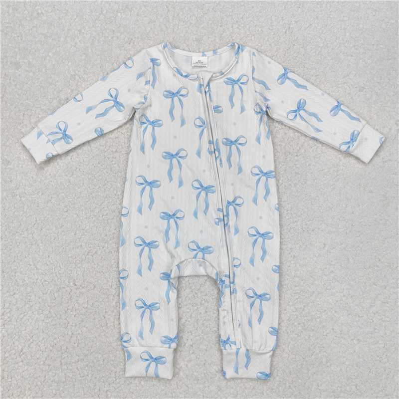 RTS NO MOQ Baby Girls Bodysuit LR2070 Blue Bows Cable Knit Long Sleeve Zip Rompers
