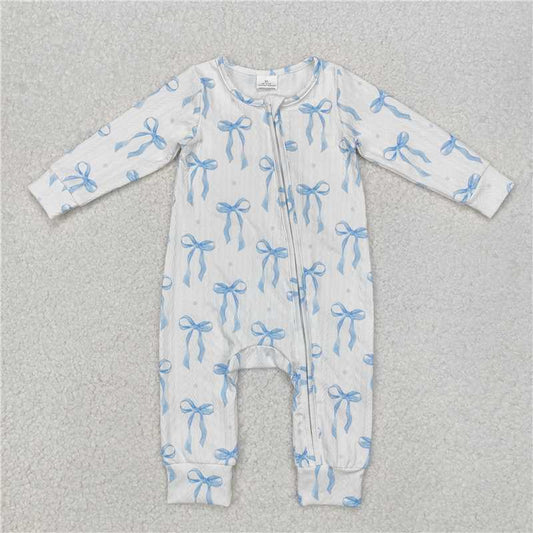 RTS NO MOQ Baby Girls Bodysuit LR2070 Blue Bows Cable Knit Long Sleeve Zip Rompers