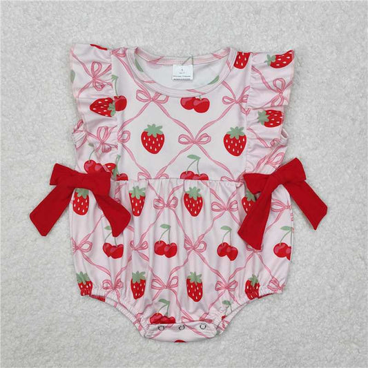 RTS NO MOQ Baby Girls Summer Bodysuit SR2295 Ruffle Pink Strawberry Bows Sleeveless Rompers