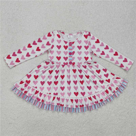 RTS NO MOQ Baby Girls Long Sleeve GLD0988 Valentines Pink Hearts Knee Length Dresses