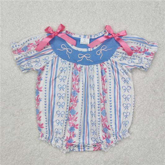 7.11 RTS NO MOQ Summer Baby Girls Bodysuit SR2131 Blue Pink Bows Short Sleeve Rompers